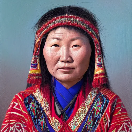 Image similar to portrait of an asian yakuts woman ( 3 5 ) from yakutia, sakha republic, russia in 2 0 2 1, an oil painting by ross tran and thomas kincade