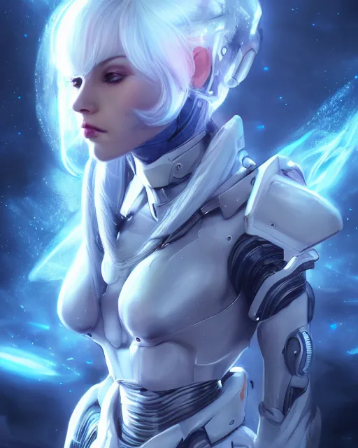 Image similar to perfect android girl on a mothership, warframe armor, beautiful face, scifi, futuristic, galaxy, nebula, raytracing, dreamy, long white hair, blue cyborg eyes, sharp focus, cinematic lighting, highly detailed, artstation, divine, by gauthier leblanc, kazuya takahashi, huifeng huang