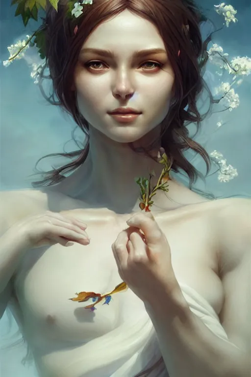 Image similar to goddess of nature, accurate anatomy, only two hands, highly detailed, digital painting, artstation, concept art, smooth, sharp focus, illustration, Unreal Engine 5, 8K, art by art by artgerm and greg rutkowski and edgar maxence