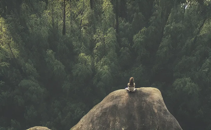 Image similar to a beautiful painting of a lonely wandering soul, resting in a forest sitting on a boulder, listening to the quiet and the breeze, smiling and looking up at the trees, by elizabeth gadd