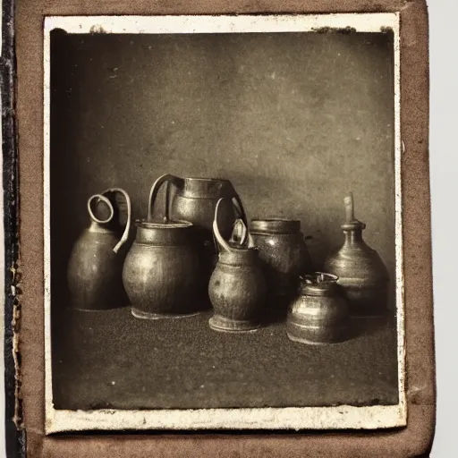 Image similar to Tintype photograph of primitive objects displayed in an ethnographic museum, archive material, anthropology, 1920s studio lighting.