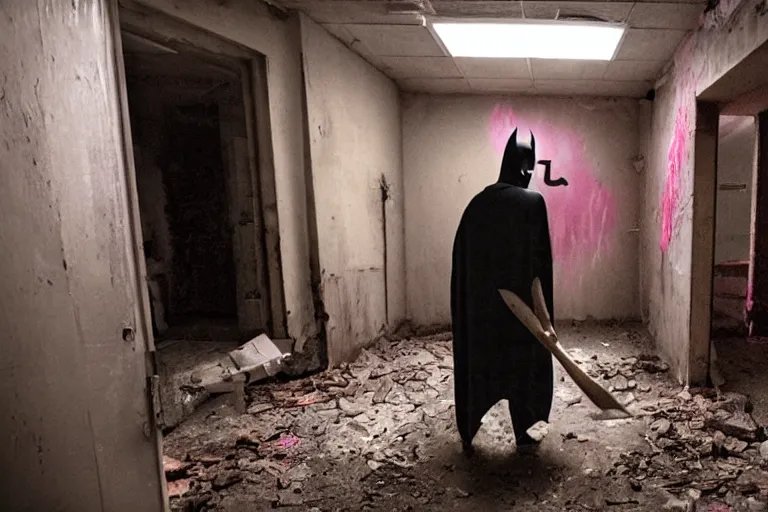 Image similar to batman wearing pink apron wielding an axe, chasing through old brown decrepit hallway, creepy smile, atmospheric eerie lighting, dim lighting, bodycam footage, photograph