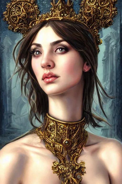 Image similar to high quality extremely detailed closeup portrait of a young attractive female necromancer looking away from the camera, dressed, realistic eyes, sparkle in eyes, no hands visible, baroque architecture in background, fantasy, d & d, intricate, painting by lucian freud and mark brooks, hd