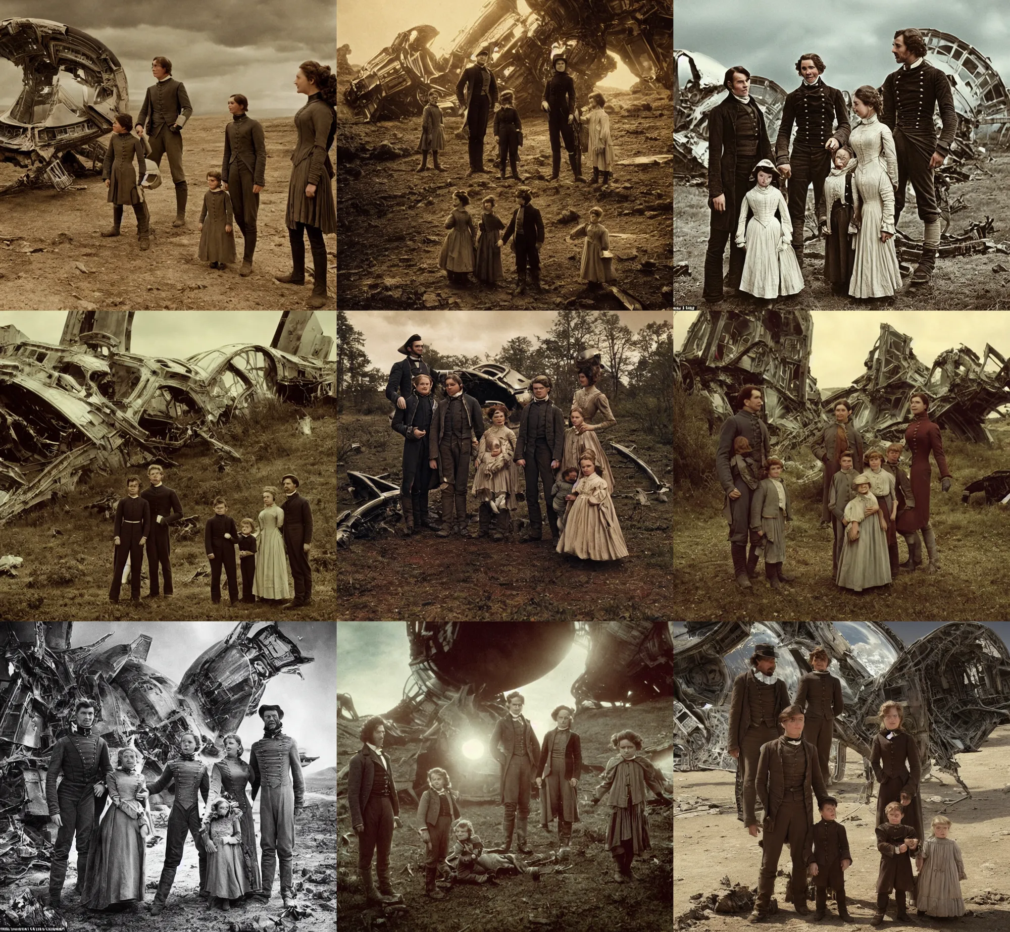 Prompt: extremely sharp details, from blockbuster sci fi 8 k color movie freeze frame, set in 1 8 6 0, family standing in front of a crashed spaceship, on alien planet, looking happy, wearing 1 8 5 0 s era clothes, atmospheric lighting, in focus, reflective eyes, 3 5 mm macro lens, live action, nice composition, good photography, clear facial details