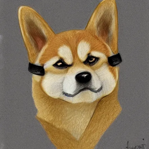 Image similar to A drawing of a Shiba Inu dog wearing a soldier's helmet, color