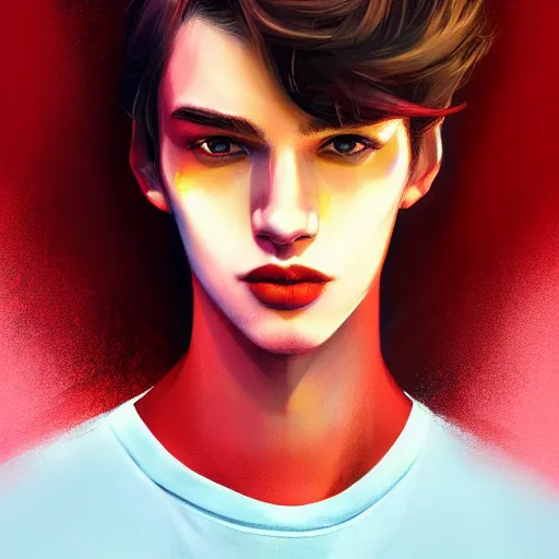 Prompt: colorful and Festive Captivating young man with straight brown hair, black skin, big lips, red t-shirt. rich vivid colors, ambient lighting, dynamic lighting, 4k, atmospheric lighting, painted, intricate, highly detailed by Charlie Bowater