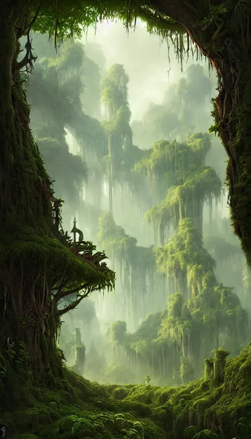 Image similar to fairy palace, castle towers, gnarly trees, lush vegetation, forest landscape, painted by tom bagshaw, raphael lacoste, eddie mendoza, alex ross concept art matte painting