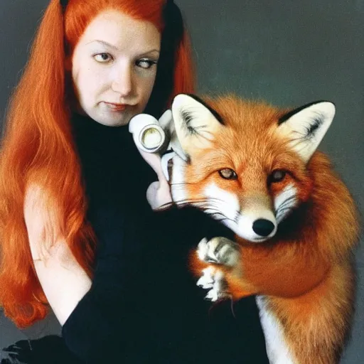 Image similar to portrait of a red haired woman, in 7 0 s clothes, holding a fox over her head while roller skating