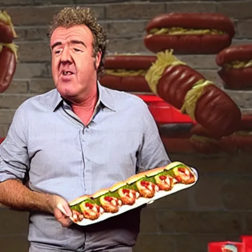 Image similar to jeremy clarkson crying in front of a mountain of hot dogs