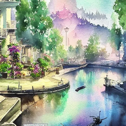 Prompt: Beautiful happy picturesque charming sci-fi town in harmony with nature. Beautiful light. Water and plants. Nice colour scheme, soft warm colour. Beautiful detailed artistic watercolor by Vincent Bons. (2022)