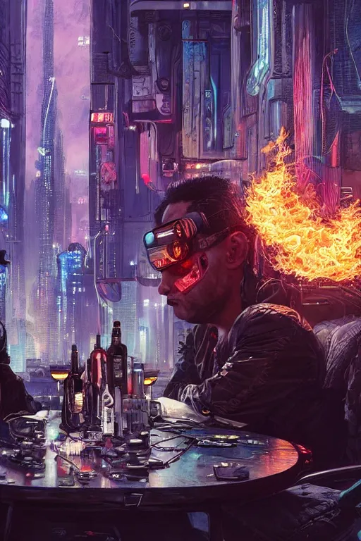 Prompt: in the foreground two glasses of alcohol placed on a table in the background a cyberpunk city in flames, realistic, high definition, 4 k, shimmering color, matte, symmetrical face, hyper detailed, art of greg rutkowski and magali villeneuve and artgerm