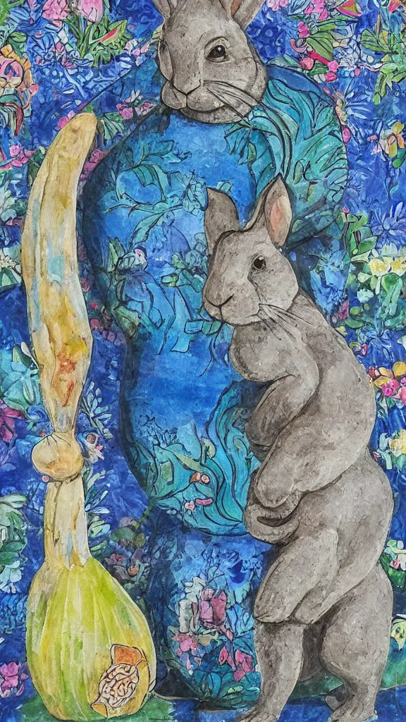 Image similar to a detailed huge rabbit statue beside a big blue persian pot by rafael