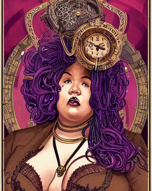 Image similar to a detailed portrait illustration of a steampunk sorceress - laywer. beautiful obese black female face. art nouveau, pop art, comic book style. influenced by neil gaiman, h. p. lovecraft, dan mumford, brian froud, kehinde wiley, killian eng, ross tran.