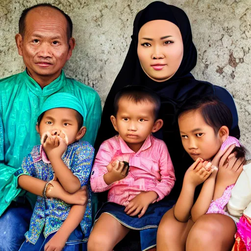 Image similar to an indonesian family portrait, hyperdetailed intricate, facial expressions, eyes, nose, lips, fingers, hand, high resolution, 4 k hd