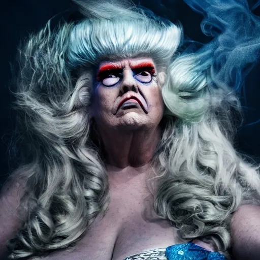 Prompt: Trump as Ursula the sea witch, 8k, professional photography, cinematic studio shot, dark, smoke