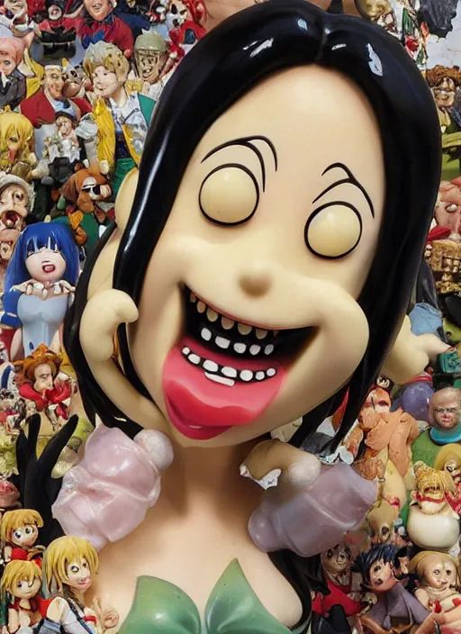 Prompt: a grotesque oil painting of an anime girl figurine caricature with a big dumb grin featured on Wallace and Gromit by arthur szyk