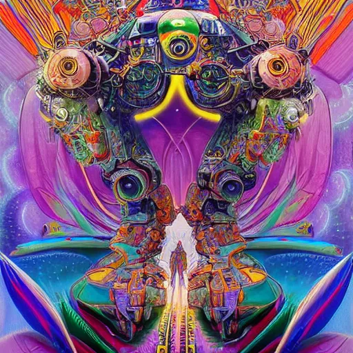 Image similar to An extremely psychedelic experience, colorful, surreal, mecha, LSD, face, jet turbine, tarot, detailed, intricate, elegant, highly detailed, super detailed, insane detailed, digital painting, concept art, smooth, sharp focus, illustration, art by Krenz Cushar, Marco Plouffe, dan mumford, Artem Demura and alphonse mucha