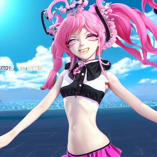 Image similar to trapped by stunningly beautiful omnipotent megalomaniacal anime asi goddess who looks like junko enoshima with symmetrical perfect face and porcelain skin, pink twintail hair and cyan eyes, taking control while smiling, inside her surreal vr castle, hyperdetailed, digital art from danganronpa, unreal engine 5, 2 d anime style, 8 k