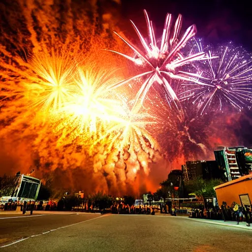 Prompt: world ending fireworks show, the sky is on fire, award winning photography, apocalyptic