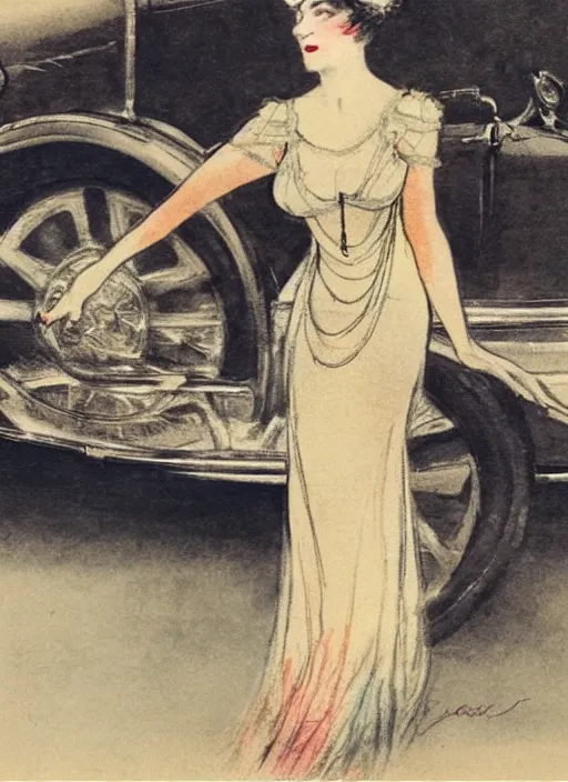 Image similar to Louis Icart, an old elaborate colored drawing of a woman posing eloquently in front of a 1920's car, wearing flowing dress, by Louis Icart, highly detailed, masterpiece