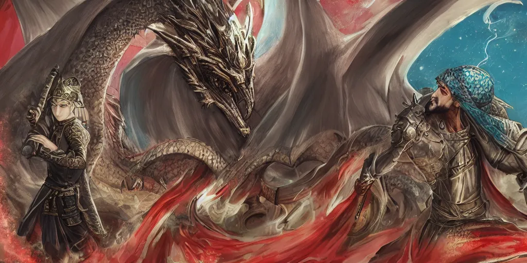 Image similar to sheikh mohammed ruler of dubai, medieval, human, village, berserk anime background, dragon rider, slimey, detailed features, concept art, pop art, illustration, smooth, sharp focus, intricate, 4 k