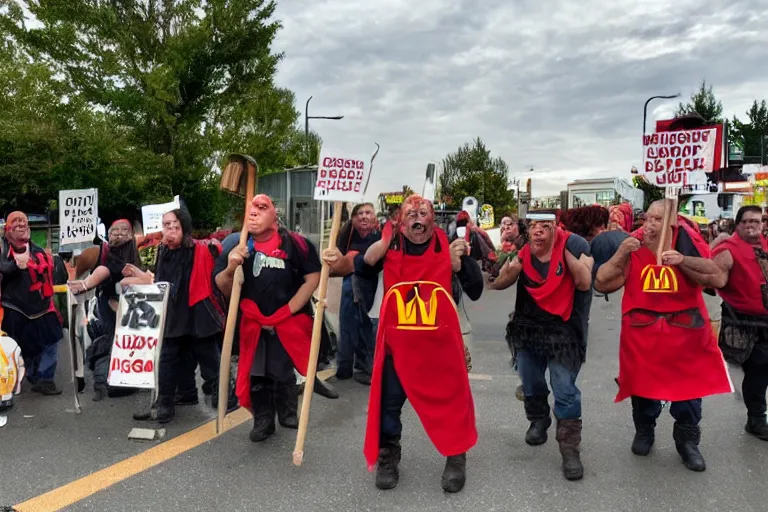 Image similar to cellphone photograph of a group of orcs protesting the working conditions in a mcdonalds parking lot. daylight. mcdonalds uniforms, aprons. picket signs