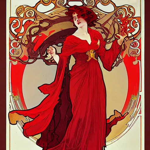 Prompt: Portrait of a female sorcerer with curly red hair wearing a red dress and a red cloak throwing a fireball, art nouveau poster by alphonse mucha, extremely detailed