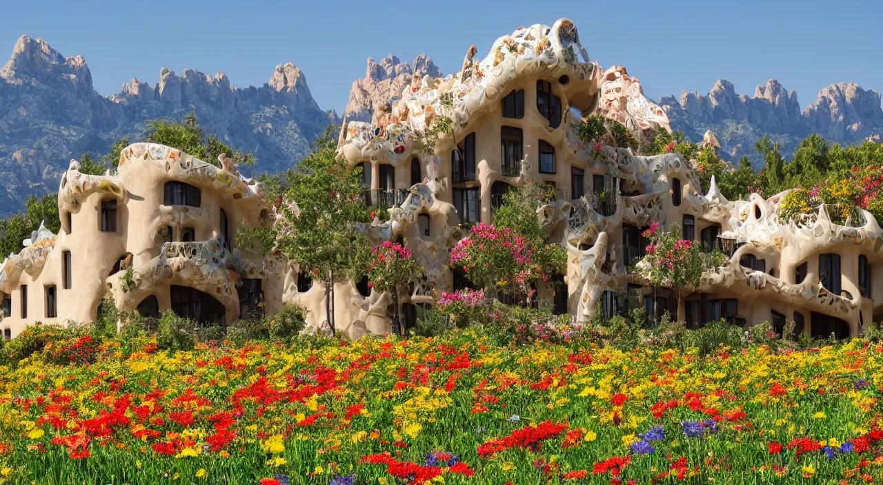 Prompt: a house designed by Antoni Gaudí, with flower fields as foreground, with mountains as background