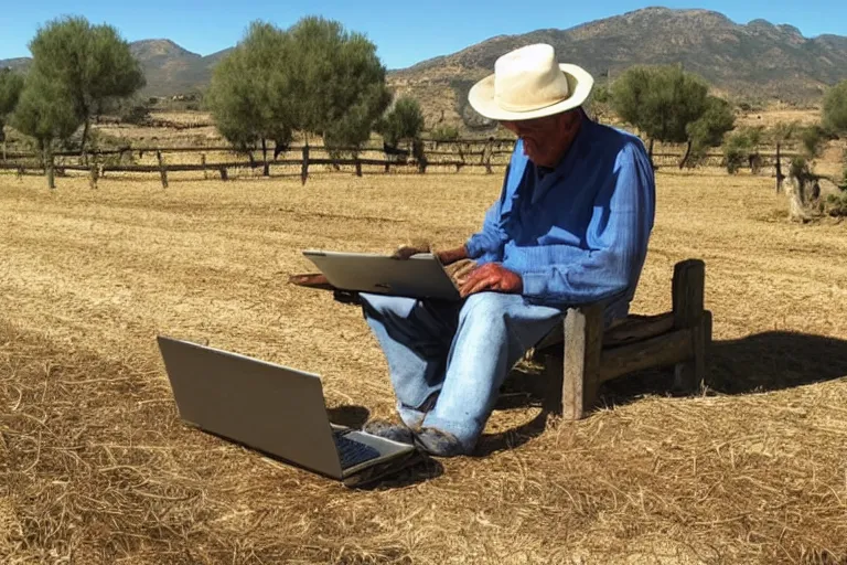 Image similar to old photo of an andalusian farmer using a laptop in a big cortijo