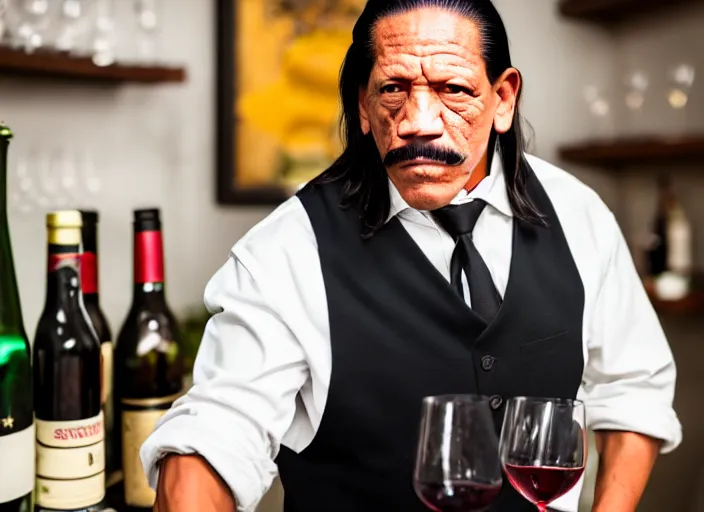 Prompt: photo of danny trejo working as a sommelier, 8 k, 5 2 mm f 1. 8