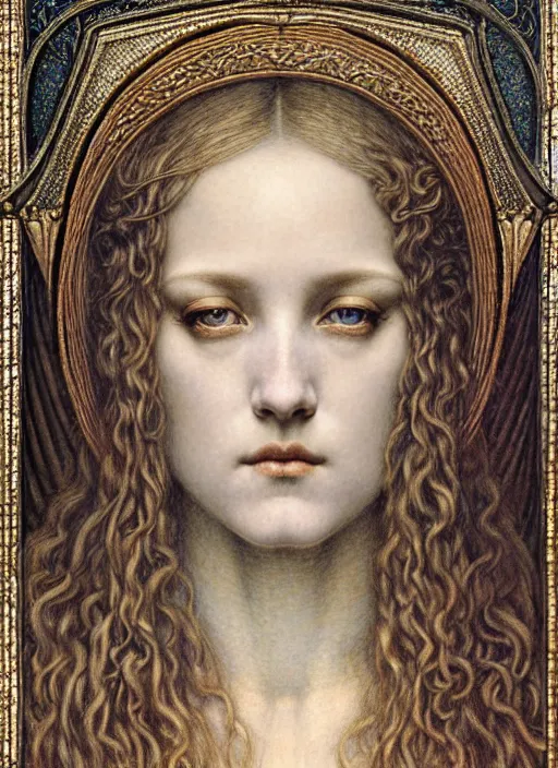 Image similar to detailed realistic beautiful young medieval queen face portrait by jean delville, gustave dore and marco mazzoni, art nouveau, symbolist, visionary, gothic, pre - raphaelite. horizontal symmetry