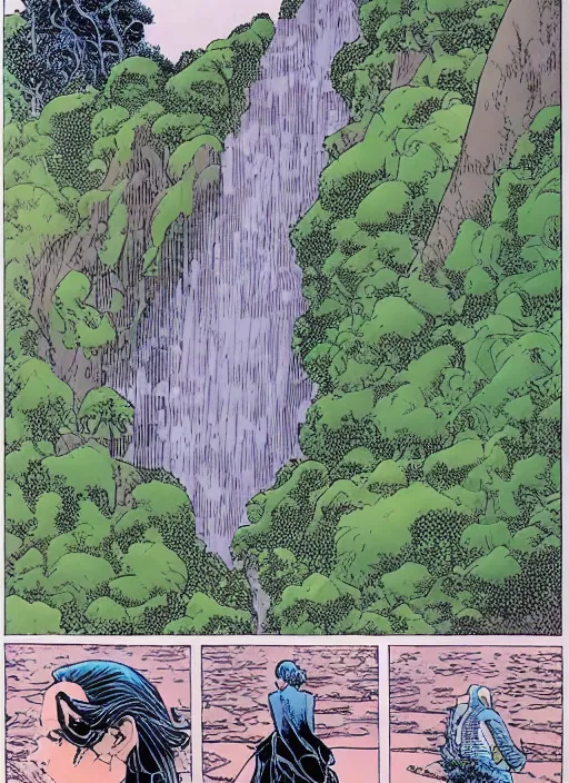 Image similar to a serene and beautiful woman standing in front of a waterfall arthur adams and moebius and chip zdarsky, stunning, comic, pen and ink, slash page, highly detailed