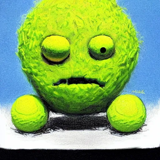 Image similar to a tennis ball monster, tennis ball, dark, chalky, nautical, digital art, fantasy, magic, trending on artstation, ultra detailed, professional illustration by Basil Gogos
