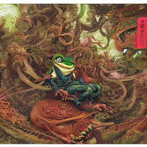 Image similar to a hyperdetailed design of pepe the frog, ferocious, chinese mythology, victo nga, fumo yoshitoshi, ren jing jeong, feifei ruan, peter mohrbacher,, biomehieronymus spang, arunanondchai, murals, veileducationary, esllection, digital art