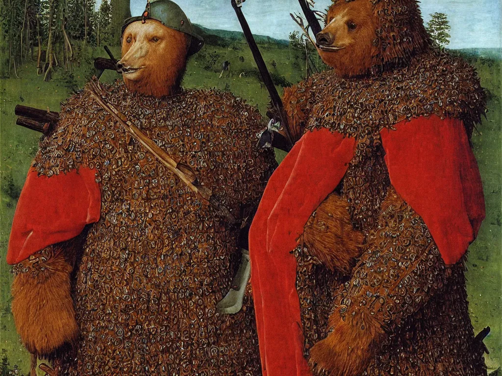 Image similar to siberian bear - hunting armour. painting by jan van eyck