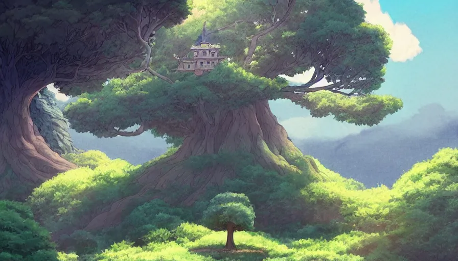 Prompt: a landscape of a single tree with bushes nearby, studio ghibli, castle in the sky, animated, anime, illustrated, vibrant, by artgerm, by miyazaki, on artstation