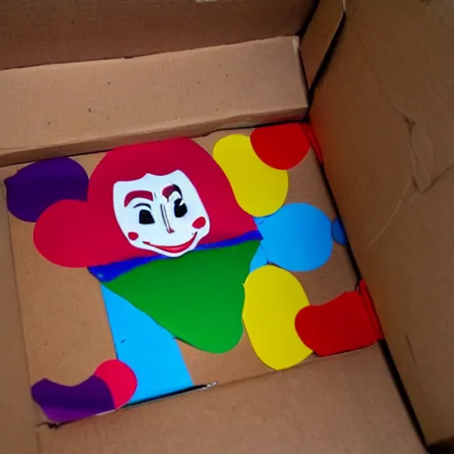 Image similar to a cardboard box opened up with a clown face popping out of it, realistic, the name wbnl on it