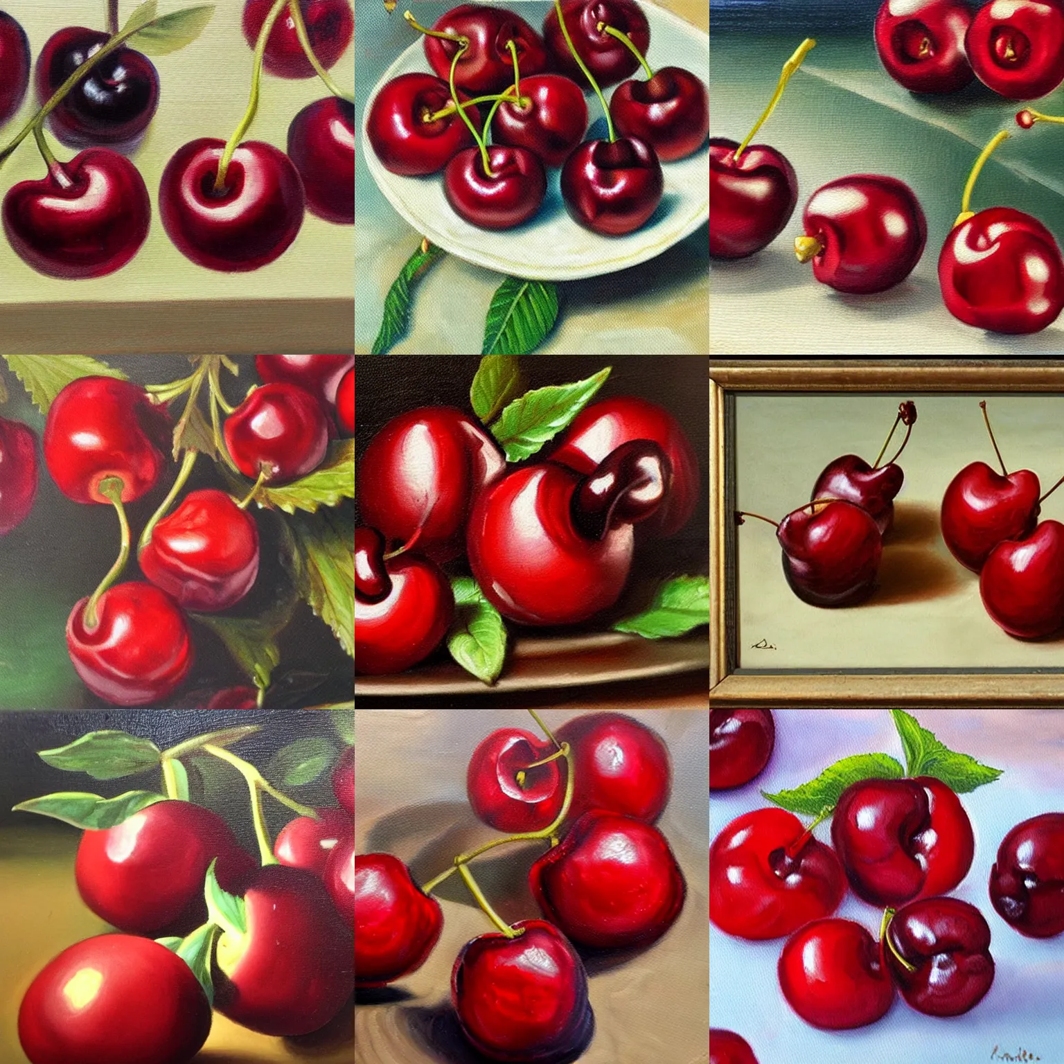 Prompt: close - up cherries in a classical academical oil paintintg.