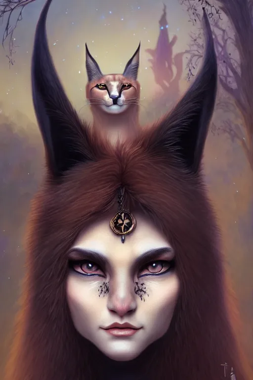 Image similar to beautiful ancient witch with cute caracal face uses fluffy fur magic, highly detailed, digital painting, artstation, sharp focus, illustration, art by tan zi and ayanamikodon and alphonse and wlop