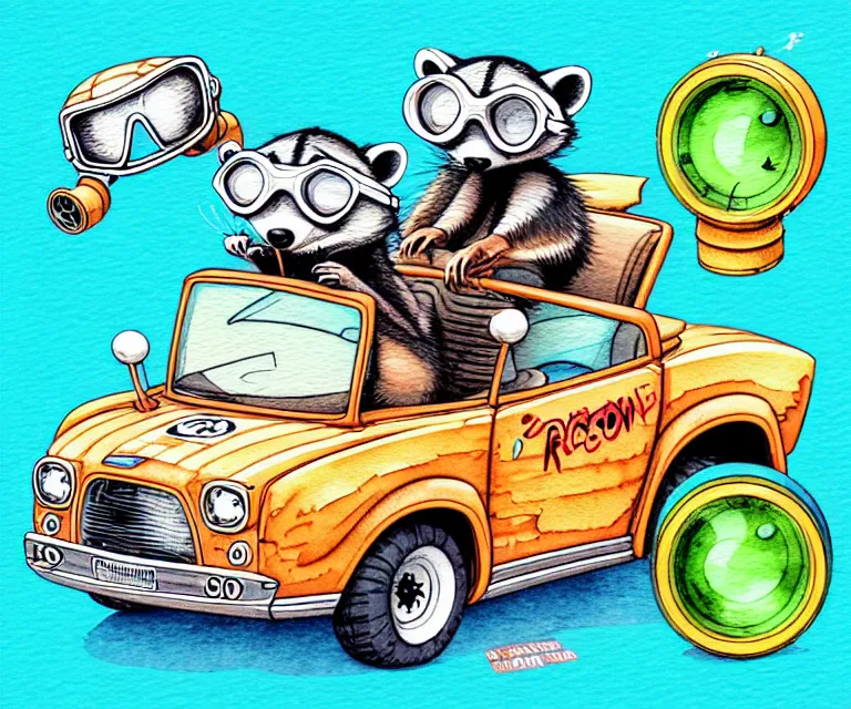 Prompt: cute and funny, racoon wearing goggles riding in a tiny hot rod with an oversized engine, ratfink style by ed roth, centered award winning watercolor pen illustration, isometric illustration by chihiro iwasaki, edited by range murata, tiny details by artgerm and watercolor girl, symmetrically isometrically centered, sharply focused