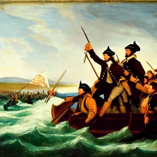Prompt: Washington crossing the Delaware on the back of a sea serpent, oil on canvas, 1883