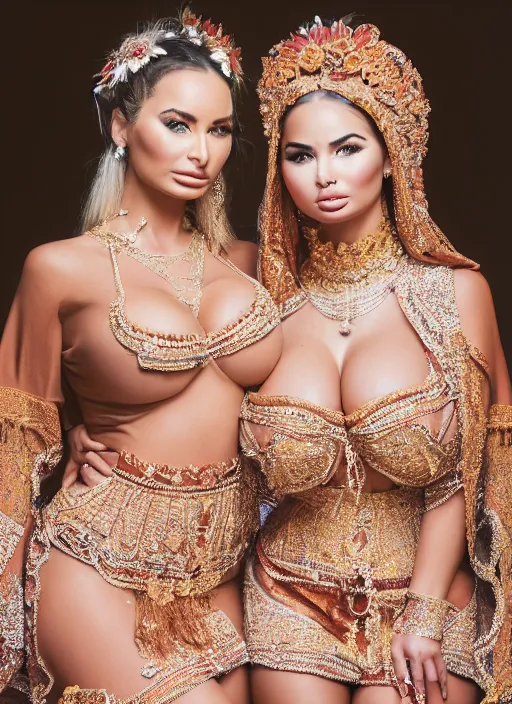 Image similar to portrait of lindsey pelas and demi rose wearing javanese traditional dress, by charlotte grimm, natural light, detailed face, canon eos c 3 0 0, ƒ 1. 8, 3 5 mm, 8 k, medium - format print