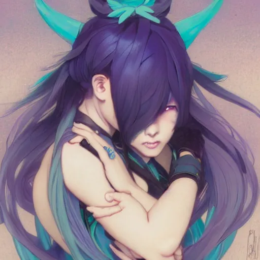 Prompt: hatsune miku eating small boy with back hair and blue purple eye, anime style, hyper detailed, illustration, digital painting, art by artgerm and greg rutkowski and alphonse mucha, high delicate defined details, anime stylized, highly detailed