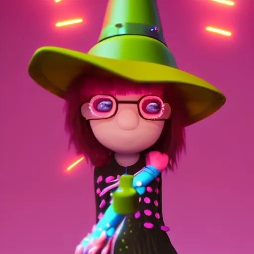 Image similar to candypunk young witch, character design, high quality digital art, render, octane, redshift, volumetric lighting, oled