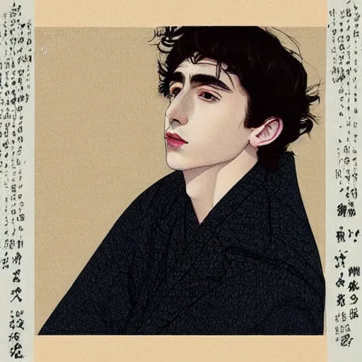 Image similar to “ timothee chalamet portrait by ikenaga yasunari and ayana otake and ko rakusui, 6 0 s poster, drawing, realistic, sharp focus, japanese, dreamy, nostalgia, faded, golden hues, floral clothes ”