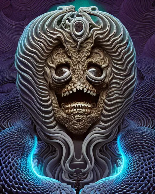 Image similar to 3 d ornate carved medusa with profile portrait, sigma 5 0 0 mm f / 5. beautiful intricate highly detailed quetzalcoatl skull. bioluminescent, plasma, lava, ice, water, wind, creature, thunderstorm! artwork by tooth wu and wlop and beeple and greg rutkowski, 8 k trending on artstation