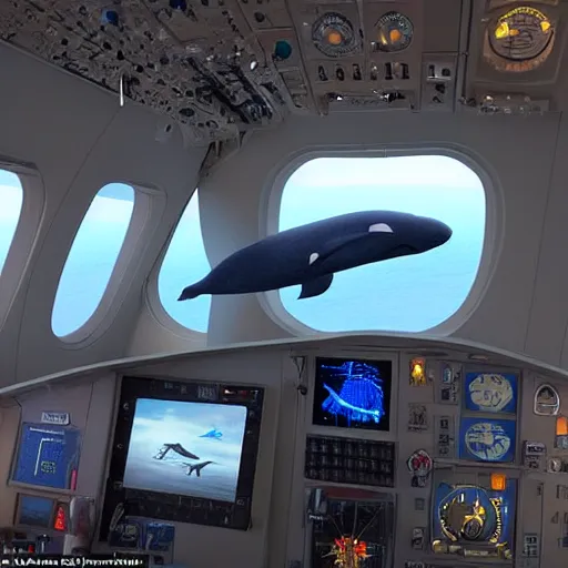 Image similar to an airplane with a tiny whale pilot, the whale is in the airplane cabin, the whale head can be seen through the window by people outside the airplane, the whale can be seeing inside the front of the plane, the command pilot is a whale, the whale is behind the window, the photo is taken outside the plane