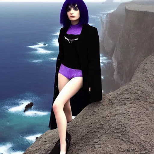 Prompt: 1 7 - year - old pale - skinned persian girl with black long bob cut, black gothic jacket, purple eyes, psychic girl, standing on cliff along the irish coast, overcast gray skies, ultra - realistic, sharp details, subsurface scattering, intricate details, cold lighting, highly detailed, photorealistic, octane render, 8 k unreal engine, art by artgerm