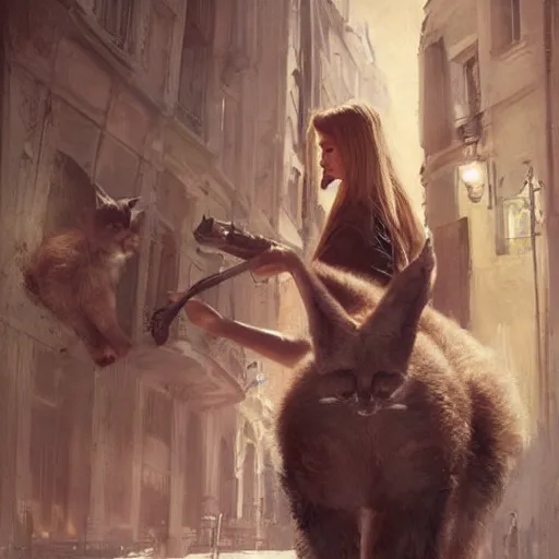 Image similar to young brigitte bardot rides a fluffy caracal in paris, hyperrealistic, detailed, art by greg rutkowski
