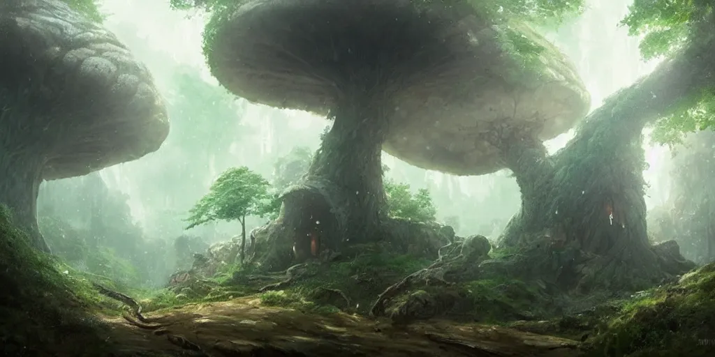 Image similar to an enormous mushroom grows in an eery cave, fantasy, magical lighting, Greg Rutkowski and Studio Ghibli and Ivan Shishkin